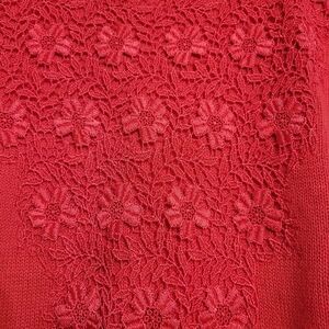 VTG Worthington Red Knit Short Sleeve Sweater Floral Lace Romantic Feminine MED